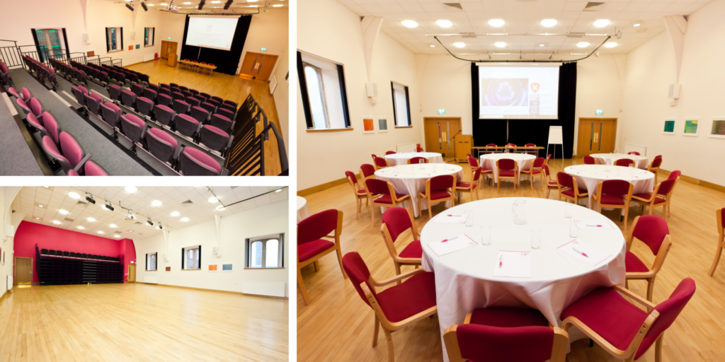 Norton Park conference hall in Edinburgh set up 3 ways: a large, empty space; with tiered seating for lectures or film screenings; and with round tables for conferences