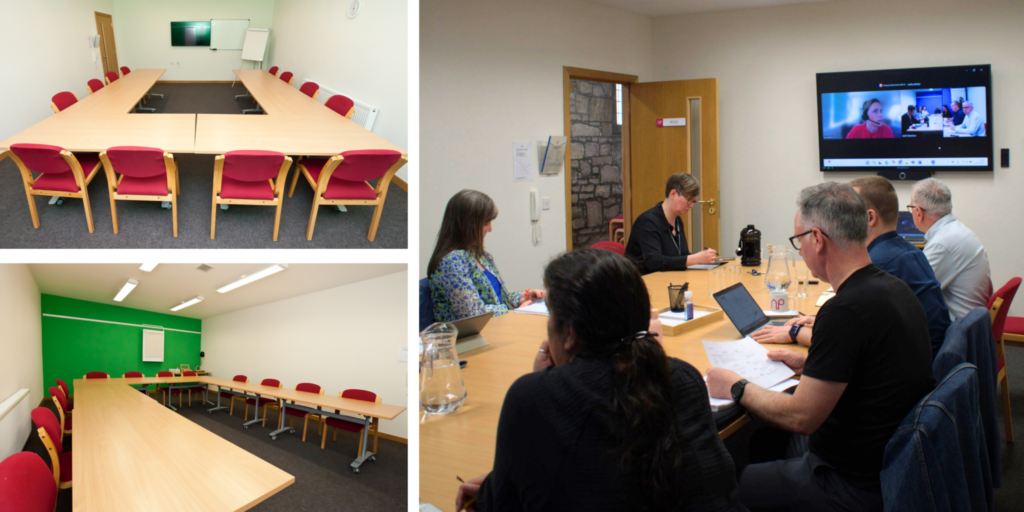 Collage of 3 images showing the Ross Room at Norton Park set up in theatre and boardroom style. One image shows the Clickshare hybrid meeting technology in action.